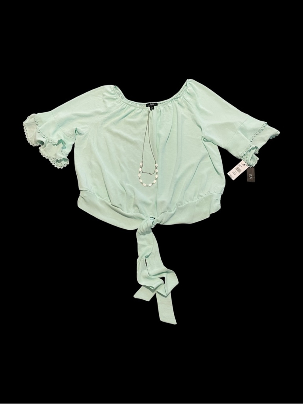 AGB Mint Tie-Front Off-Shoulder Crop Top